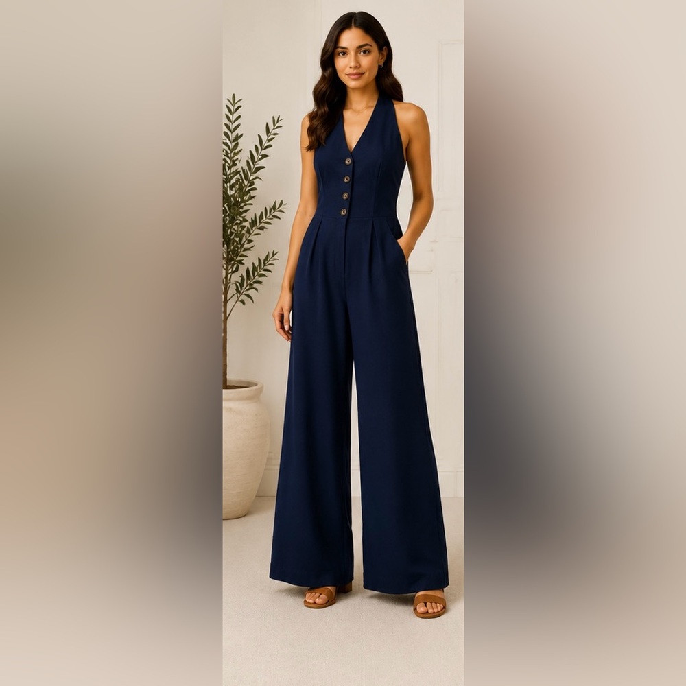 Monteau Navy Halter Button Front Jumpsuit Women’s Small Wide Leg
